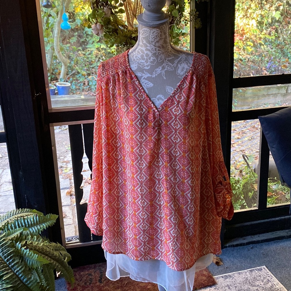 Fun 2 Fun Patterned Sheer Blouse SIZE 2X
